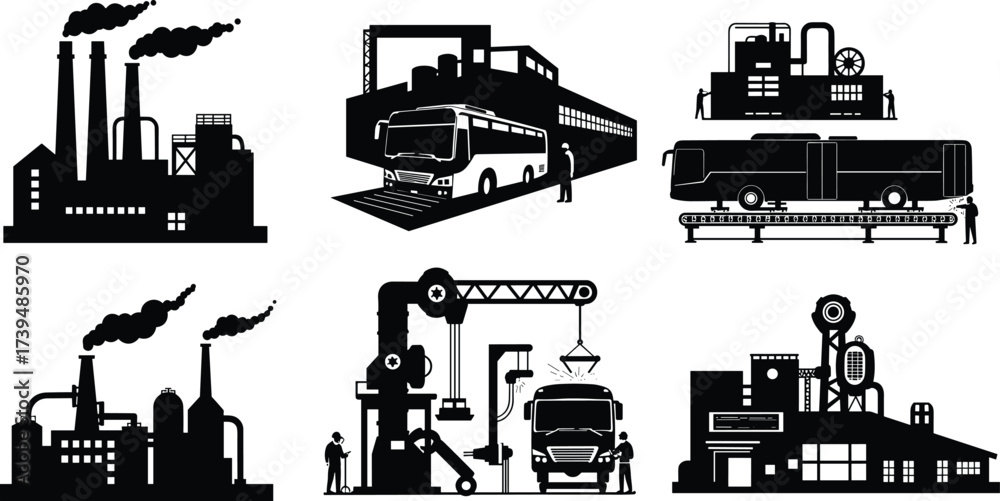 Obraz premium Industrial factory vector set, smokestacks with chimneys, bus manufacturing assembly line, robotic arms, vehicle inspection, modern automation and production illustration collection