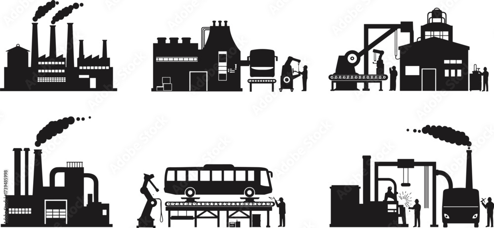 Obraz premium Industrial manufacturing vector set, smokestack factories, conveyor belts, robotic arms, bus assembly line, heavy machinery, modern automation and production illustration collection