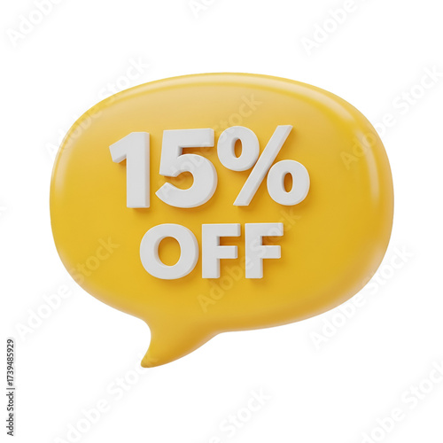 Yellow speech bubble with 15 off text isolated on transparent background