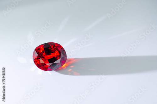 Close up of a red pear cut gemstone with brilliant facets sparkling under light on white background. Perfect for jewelry, luxury design, fashion, wealth, passion, and elegant decorative concepts.