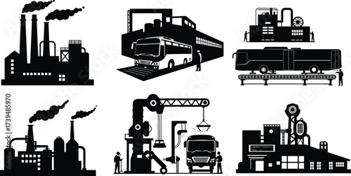 Industrial factory vector set, smokestacks with chimneys, bus manufacturing assembly line, robotic arms, vehicle inspection, modern automation and production illustration collection
