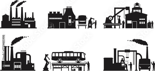 Industrial manufacturing vector set, smokestack factories, conveyor belts, robotic arms, bus assembly line, heavy machinery, modern automation and production illustration collection