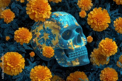 A glowing blue wireframe skull appears surrounded by vibrant orange marigold flowers against a dark background with blue line art.