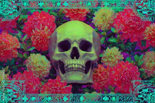 A vibrant skull graphic is centered amidst red and yellow flowers with dark green foliage and a glowing border design.