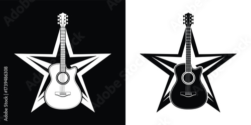 Acoustic guitar silhouette superimposed on a star shape, presented in both black and white versions for versatile design applications