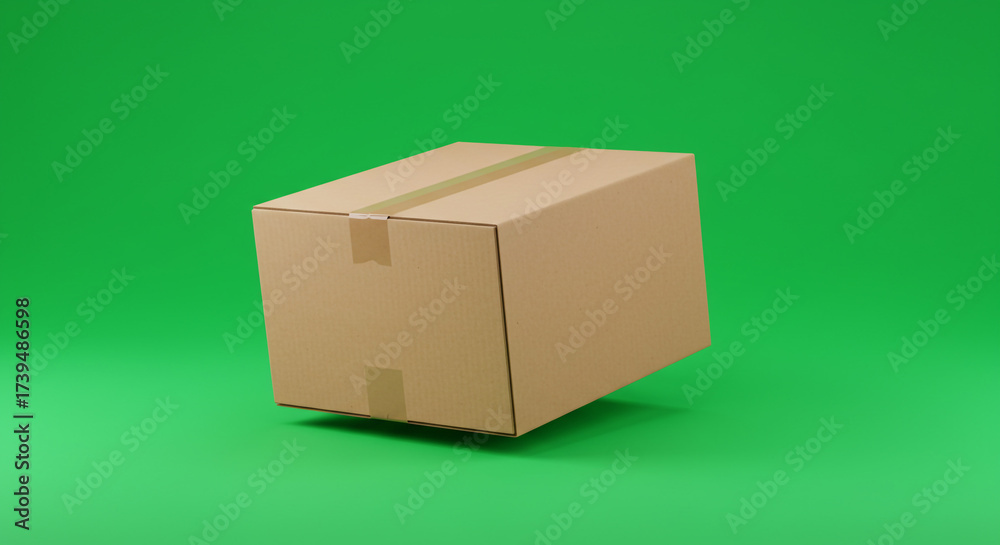Obraz premium Secure cardboard shipping box ready for dispatch, with crisp tape seal on a vibrant green background