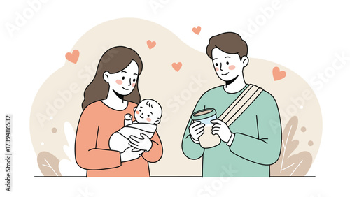 Happy New Parents Tenderly Holding Their Newborn Baby with Love and Care