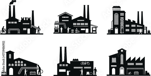 Industrial factory building silhouettes vector set, smokestacks with chimneys, conveyor belts, bicycles, human workers, modern manufacturing architecture illustration collection for industry design