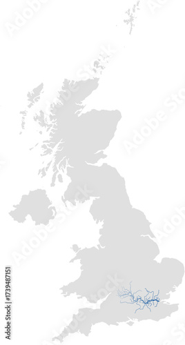 Thames river system – rivers vector map of United Kingdom highlighting main stem and primary tributaries (Web Mercator, scaled by river size, PPT-compatible, multi-layered & fully editable)