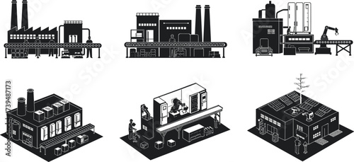 Industrial factory vector illustration, isometric manufacturing buildings, automation, production line, robotic arms, workers, machinery, office workspace, control center, modern industry design