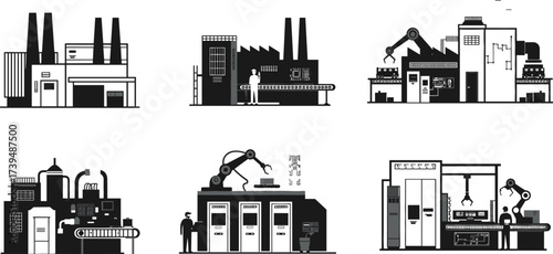 Industrial factory vector illustration, isometric manufacturing process, automation, robotic arms, workers, conveyor belt, machinery, production line, heavy industry, modern technology design