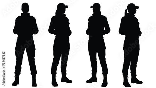 Four Female Figures In Uniform Silhouettes Isolated On White