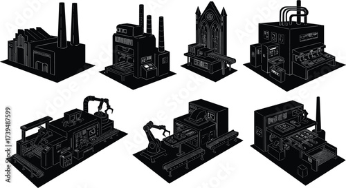 Industrial factory vector illustration, isometric manufacturing buildings, automation, robotic arms, conveyor belt, machinery, smokestacks, production line, heavy industry, modern technology design