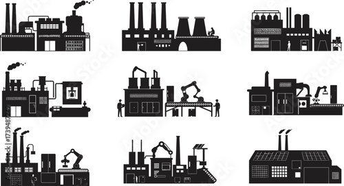 Industrial factory silhouette vector, isometric manufacturing process, automation, robotic arms, conveyor belt, machinery, smokestacks, workers, production line, heavy industry infrastructure design