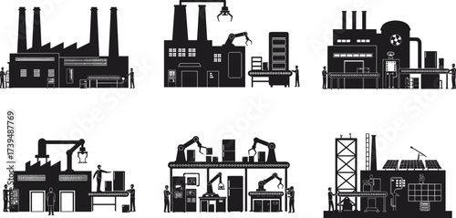 Industrial factory vector illustration, isometric manufacturing process, automation, robotic arms, conveyor belt, machinery, smokestacks, workers, modern technology, sustainable industry design