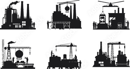 Industrial factory silhouettes, construction crane vector icons, helicopter lifting illustration, power plant design, black silhouette workers