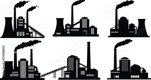 Industrial factory silhouettes, power plant vector icons, smokestack illustration, cooling tower design, black silhouette workers, heavy industry elements