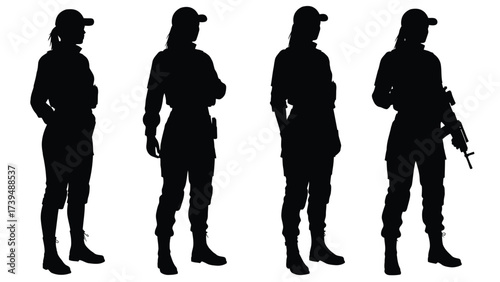 Female Military And Security Personnel Silhouettes Set On White Background