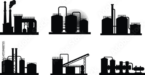 Industrial factory silhouette vector set, chemical plant icons, refinery buildings, smokestacks with smoke, storage tanks, piping systems, heavy industry, production facility illustration