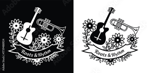 A black and white graphic design featuring a guitar and trumpet surrounded by flowers and the text roots rhythm, presented in both positive and negative versions