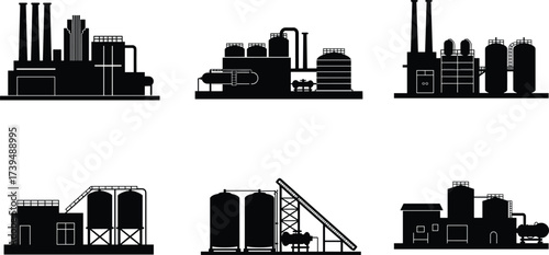 Industrial factory silhouette vector set, refinery plant icons, chemical industry buildings, smokestacks with smoke, storage tanks, piping systems, heavy industry, production facility illustration