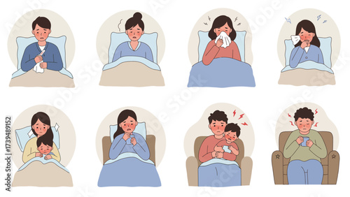 People Suffering from Common Illnesses and Symptoms: Flat Vector Illustration Set