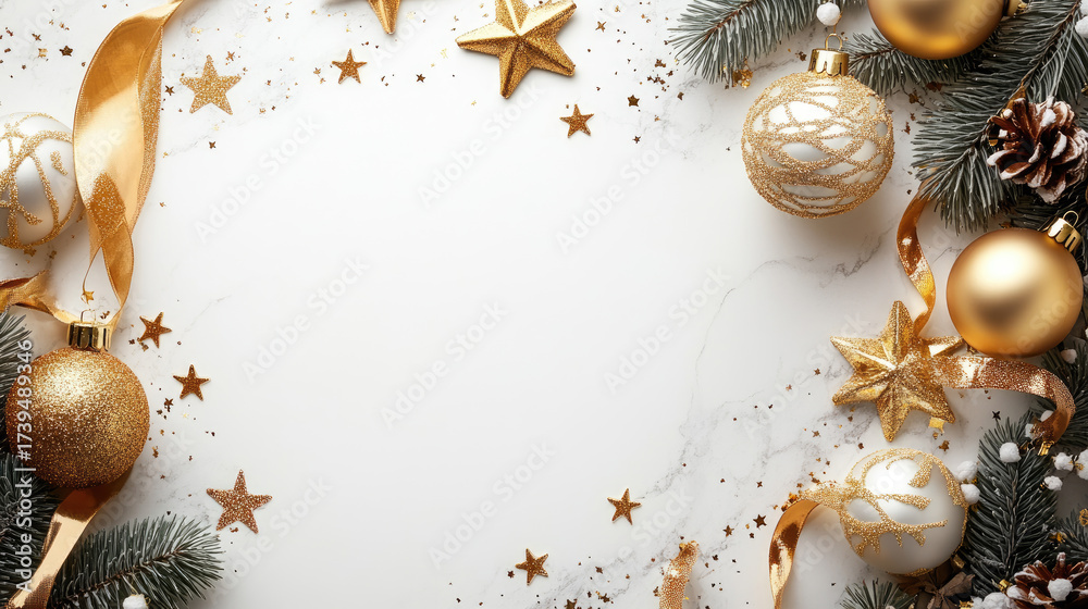 Obraz premium Sparkling golden and silver Christmas ornaments arranged elegantly on pristine white surface, highlighting seasonal decorative elements with festive minimalist style