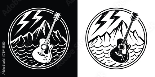 Acoustic guitar silhouette with mountains and waves in a circle, representing outdoor music and adventure, available in black and white versions