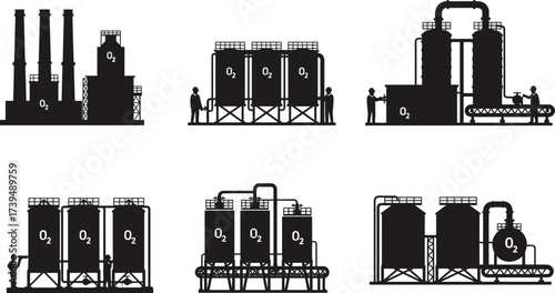 Industrial oxygen plant silhouette vector set, O₂ storage tank icons, refinery buildings, piping systems, smokestacks with smoke, heavy industry, production facility illustration