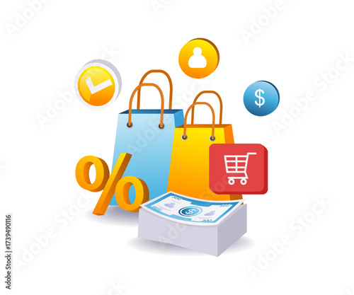 e commerce concept with shopping bag and money for online retail business