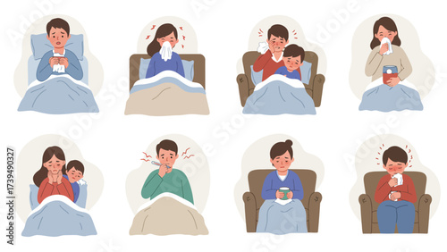 Common Cold And Flu Symptoms Illustrated: People Suffering From Sickness