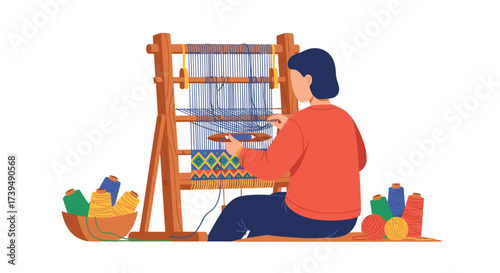 Woman weaving fabric on a traditional wooden loom with colorful threads.