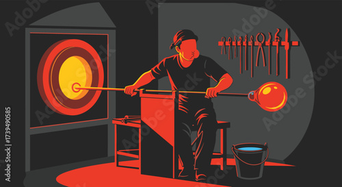 Glassblower working with molten glass in a studio.