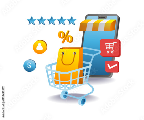 e commerce shopping cart with smartphone for digital retail and online business