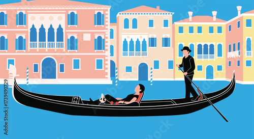 Couple enjoys romantic gondola ride in Venice Italy.