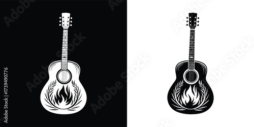 Stylized acoustic guitar with flame motif, displayed in a contrasting black and white format, representing the fiery spirit of music