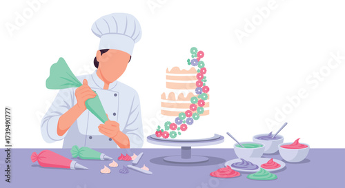 Baker decorating a beautiful cake with frosting and berries.