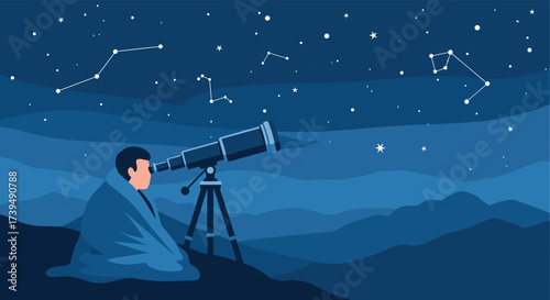 Man gazes at stars through telescope on a clear night.
