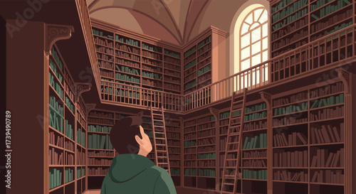 Man in a grand library looking up at tall bookshelves.