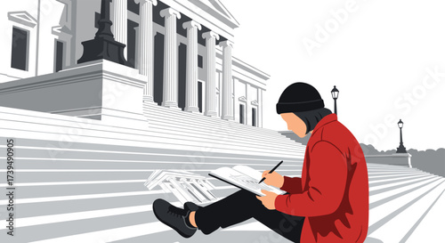 Student studying on steps of a grand building.