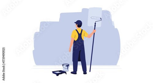 Painter with Roller Painting a Wall.