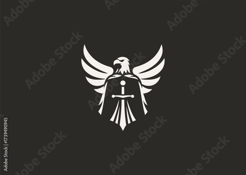 A simple minimalist silhouette logo of an eagle in a medieval knight cape, symbolizing honor, bravery, and vigilance