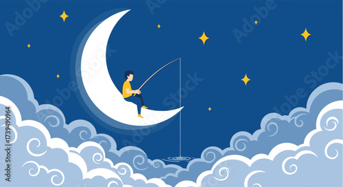 Man fishing on the moon surrounded by clouds and stars.