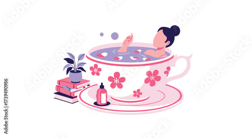 Woman relaxing in a giant teacup with flowers and books.