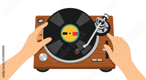Hands placing vinyl record on vintage turntable.