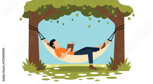 Person Relaxing Reading Book In Hammock Between Trees.