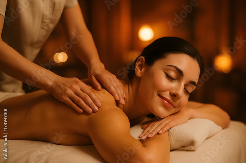 Relaxing massage for radiant woman at luxury spa retreat offers ultimate wellness and rejuvenation in tranquil setting, perfect for self-care ads