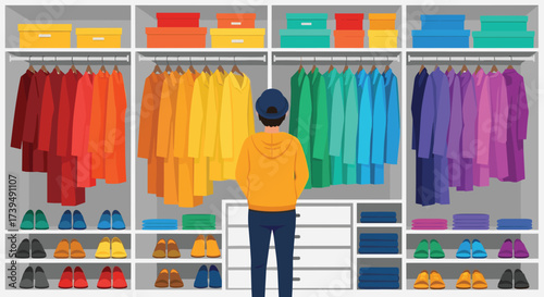 Man Organizing Colorful Clothes in a Modern Wardrobe.