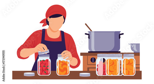 Woman Canning Preserves in Jars at Home Kitchen.