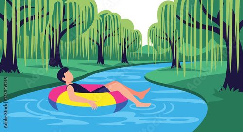 Man relaxing on inflatable tube floating down a river surrounded by trees.